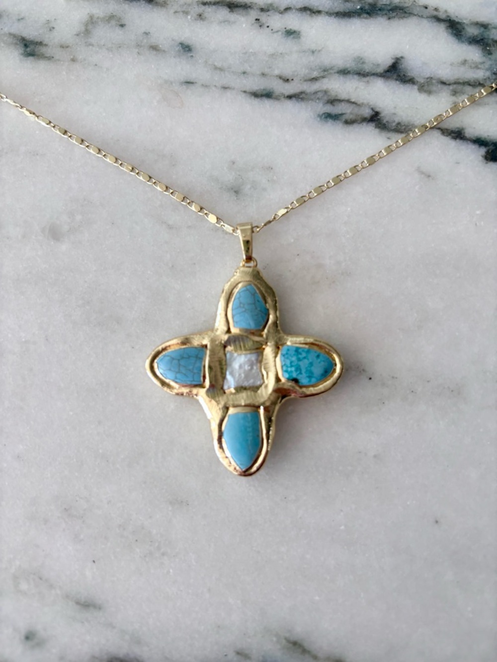 Gold Cross Pendant Necklace with Turquoise Accents